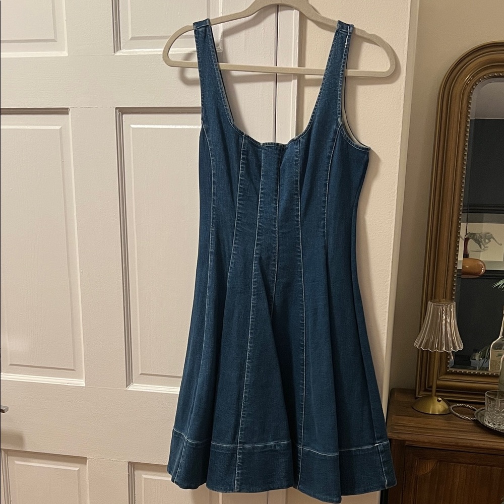 STAUD Mini Wells Dark Blue Denim Sleeveless A-Line Dress - Picture 2 of 16